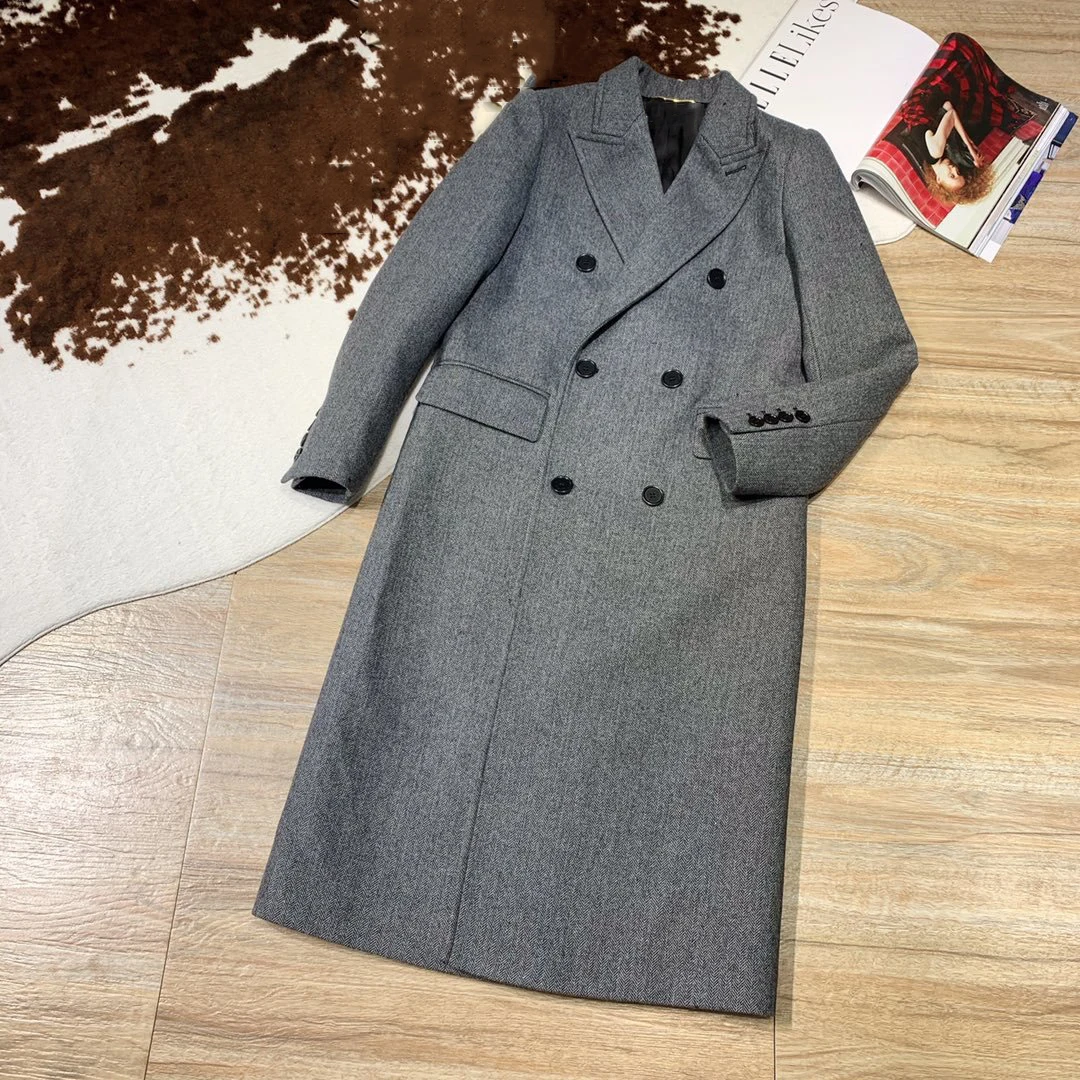 new ladies high quality fashion long-sleeved lapel solid color buckle herringbone wool coat coat 1019