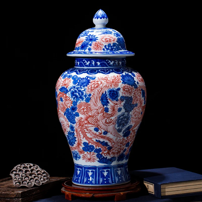 Фарфор Античный Jingdezhen банка синяя и белая глазурь Красный общий Танк династии Цин Цяньлун синяя и белая глазурь Красный Феникс