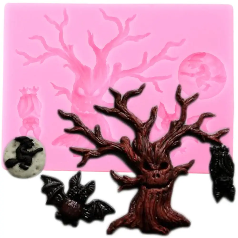 

Halloween Tree Border Silicone Mold Owl Bats Cupcake Topper Fondant Cake Decorating Tools Candy Clay Chocolate Gumpaste Moulds