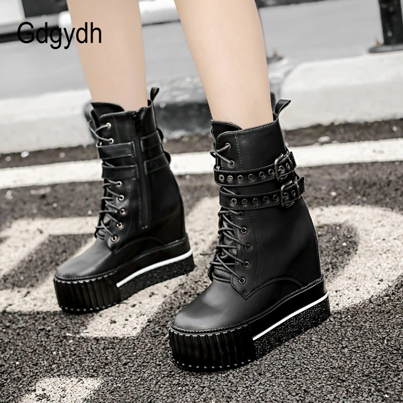 Gdgydh Round Toe Women Ankle Boots Autumn Platform Lacing Rivet Short Boots Female Soft Leather Boots Wedges 12cm Plus Size