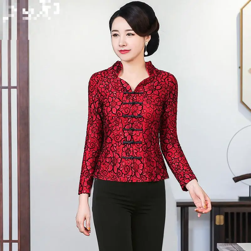Элегантная кружевная рубашка в китайском стиле Cheongsam, блузка, топы для женщин, красная Свадебная Qipao, новинка, осенне-зимняя одежда в стиле Тан - Цвет: Красный
