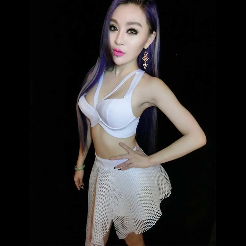 Nightclub Women Leading Dancer Stage Wear Bar DJ Singer Teams Jazz Modern dance Costume White Hollowing Out Sexy Festival Outfit (3)