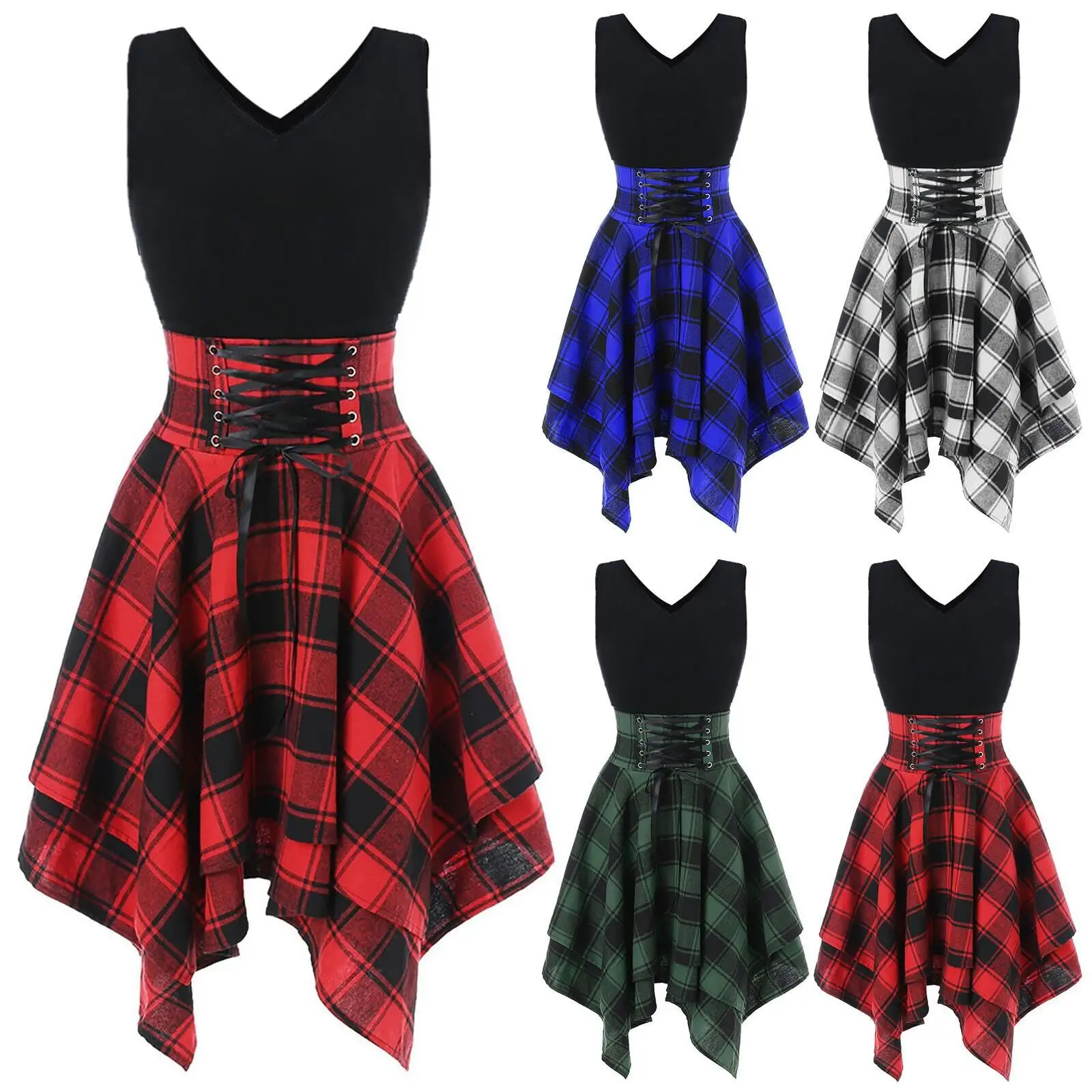 Women Gothic Dress Plaid Patchwork Mini Sexy High Waist Lace Up Asymmetric  Casual Female Elegant Goth Punk Short Party Vestidos - AliExpress 200000345