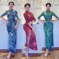 Retro Print Belly Dance Practice Clothes Oriental Dance Chinese Style Cheongsam Belly Dance Performance Sexy Dress Women Dress
