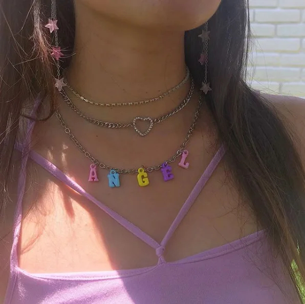 7pcs New Rainbow Letter Choker Stainless Steel Pendant Necklace Angel Colorful Daddy Random Color Unique Indie Aesthetic | Украшения и