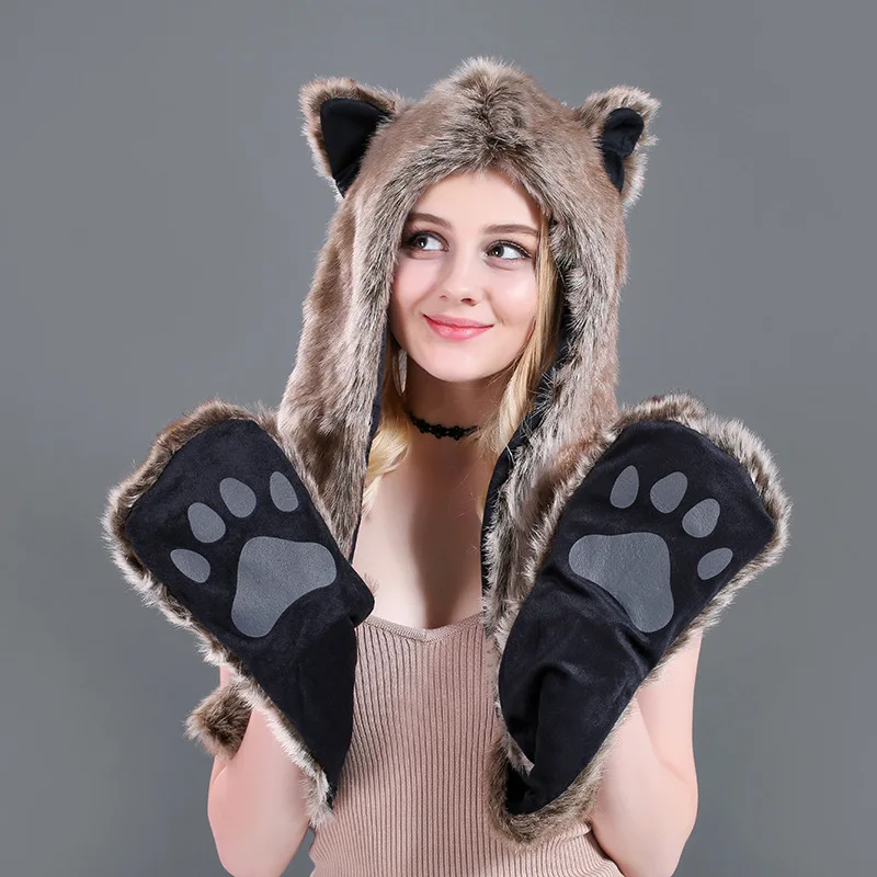 Европейская и американская шапка шарф перчатки одно животное шапка имитация меха шапка плюшевая мультяшная шапка Красный Волк