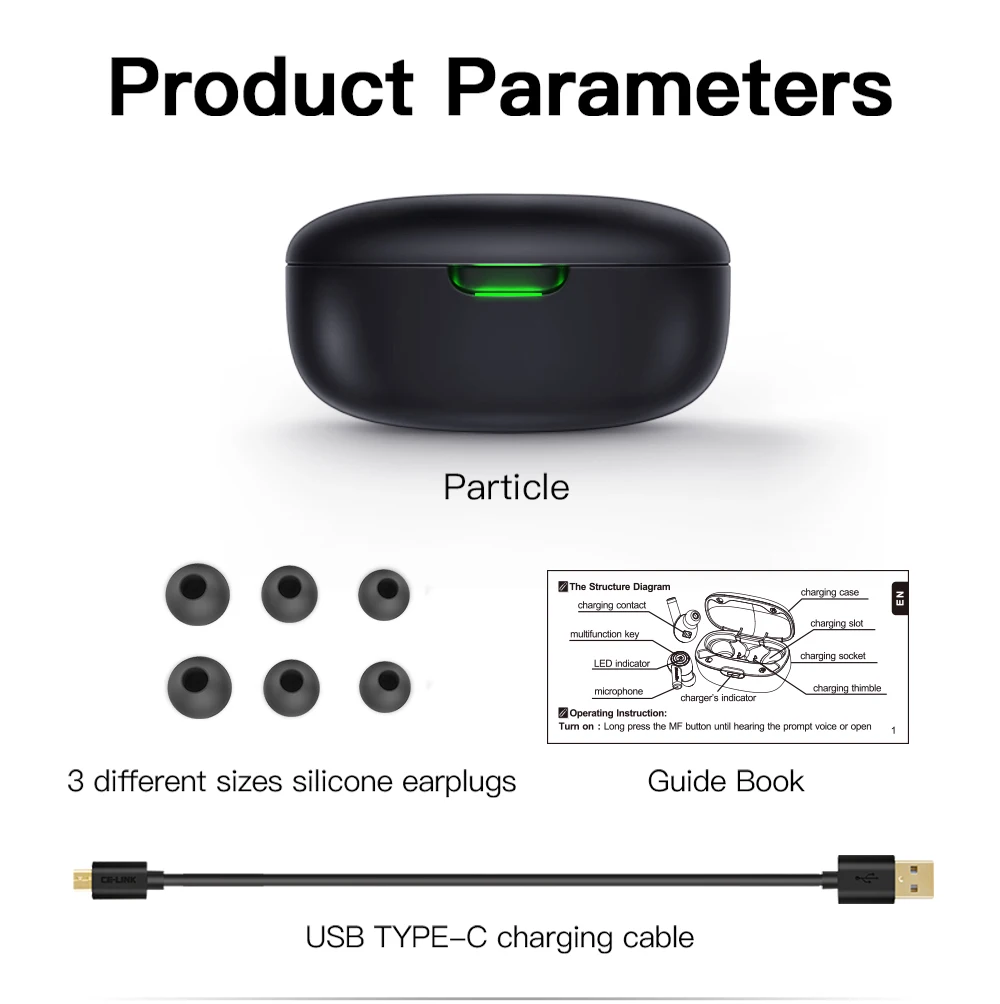 Bluedio Particle Bluetooth Headphones TWS Wireless Earbuds Waterproof Sports In-ear Headphones with Charging Case Support In-ear Detection - Black