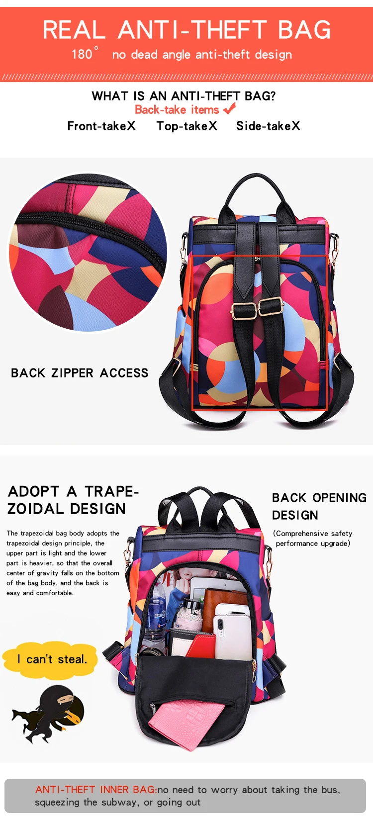 Student Fashion All match Anti-theft Backpack Women's Oxford Nylon Waterproof Large Capacity Portable Mummy Bag