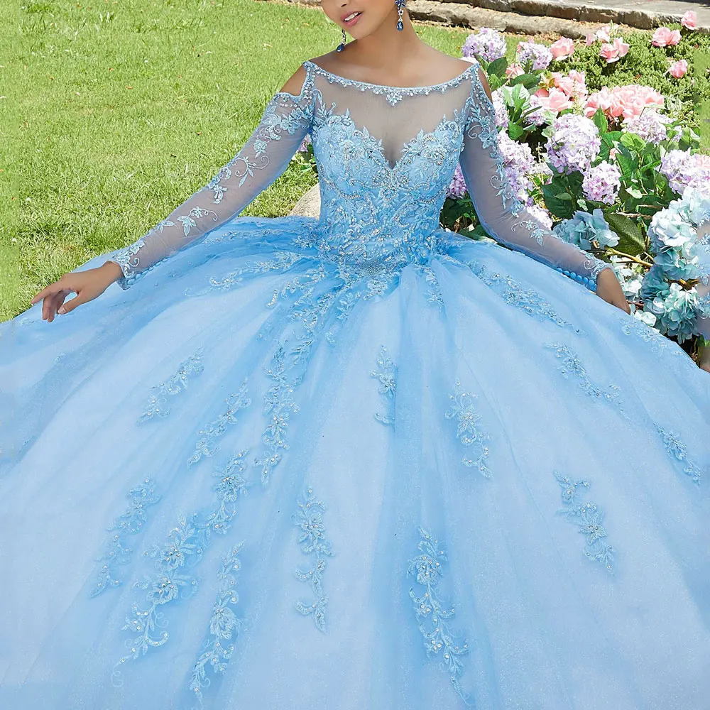 Элегантное бальное платье с длинными рукавами, бальные платья для 16-15 лет, сверкающее Бисероплетение, Длинные вечерние платья на выпускной, голубое милое вечернее платье