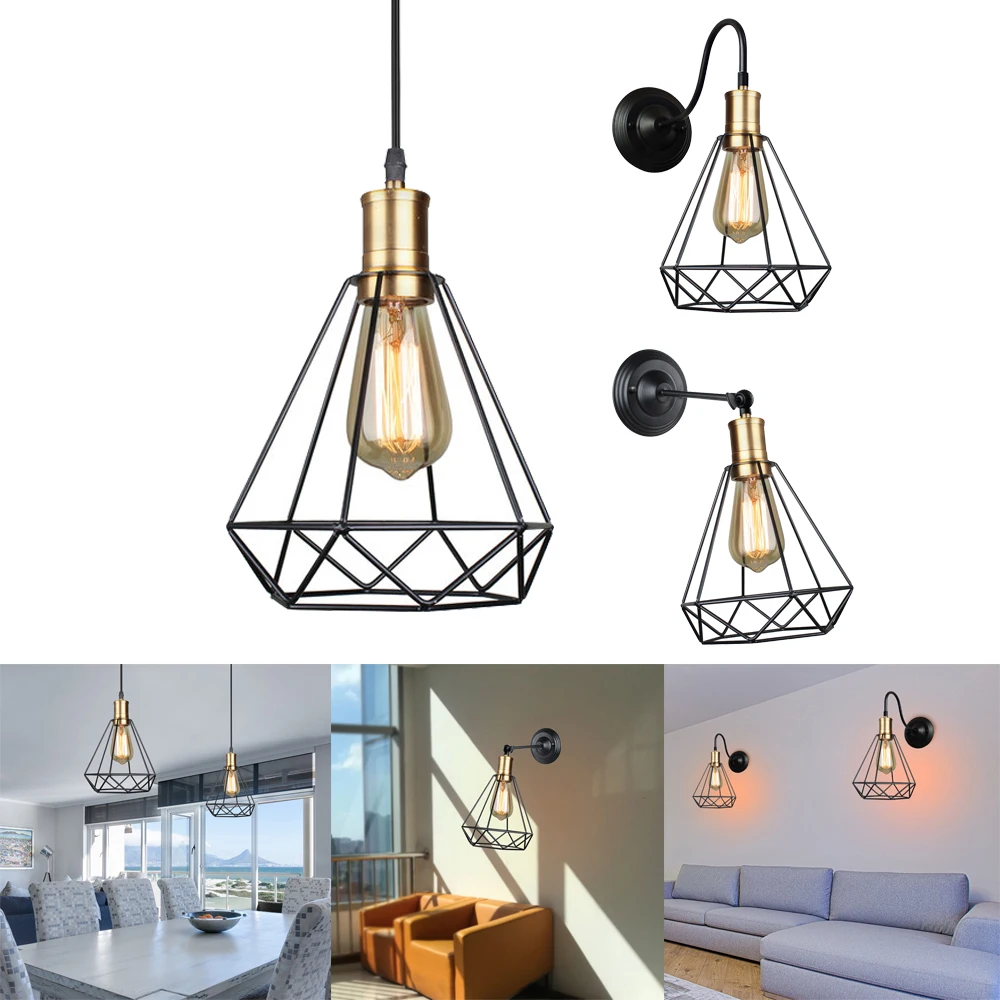 Pendant Lights Modern Vintage Industrial Cage Iron Art Diamond Pyramid Home Living Room Pendant Lamp