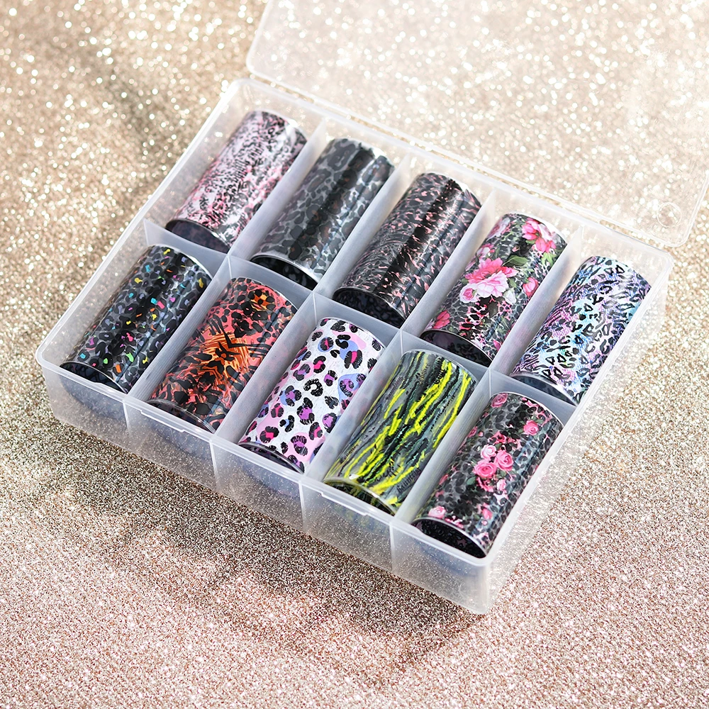 10pc Leopard Nail Stickers Transfer Foils Set Flowers Sexy Nail Designs Sky Paper Polish Slider Decals Wraps Manicure SAXKH40-63