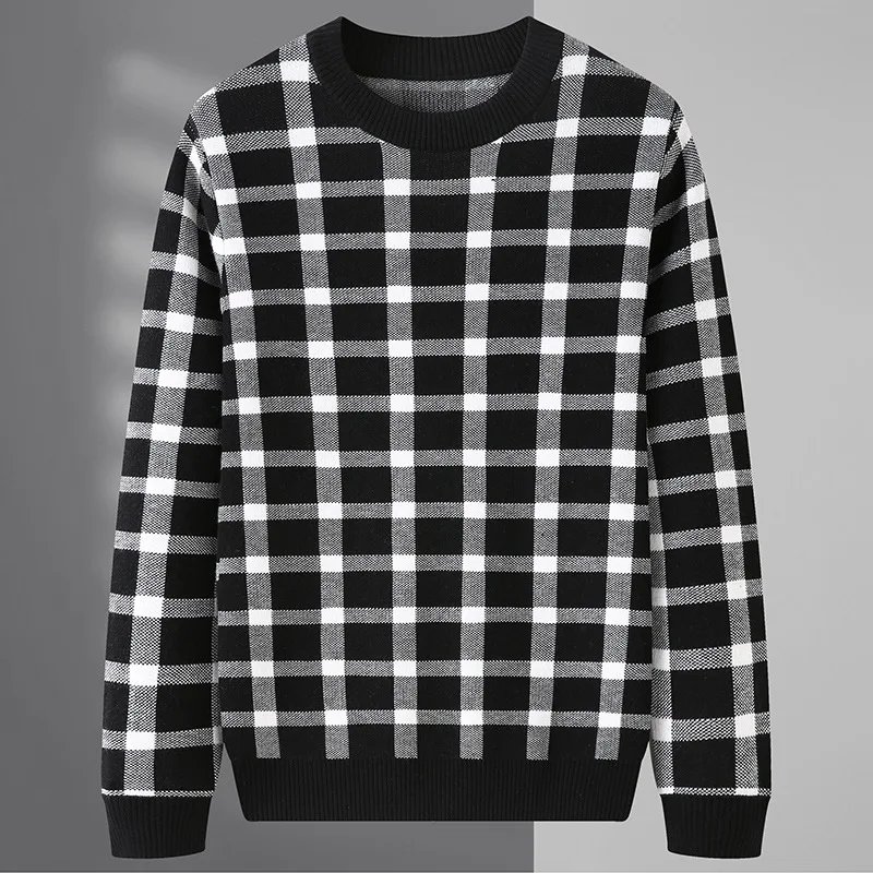 European goods autumn and winter new woolen sweater men's high-end handsome trend Plaid Pullover casual loose large sweater 2