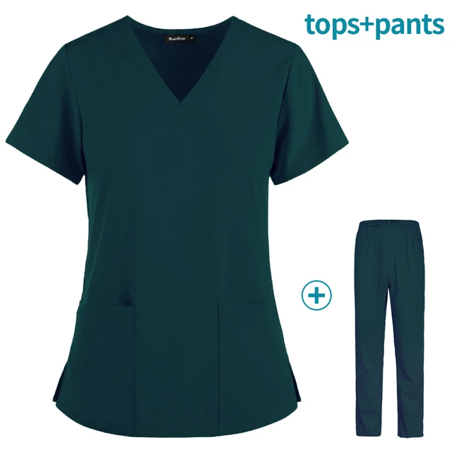Hot Sales Nurse Uniform Women Short Sleeve Neck Tops Working Uniform Blouse Scrubs Workwear Nursing Women Scrubs Pants Elastic Green