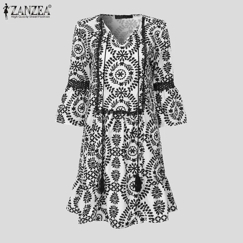 ZANZEA/женское платье, винтажное короткое платье с принтом, Vestidos, большие размеры, женский пляжный сарафан для вечеринки, богемная длинная туника, платье-рубашка