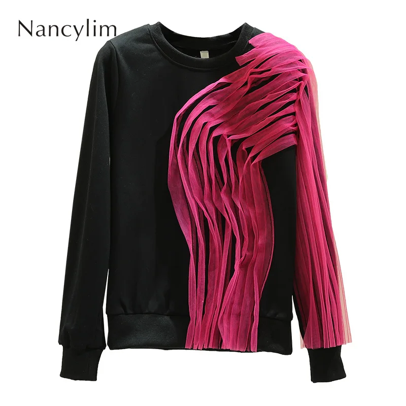 Hoodies Women New Mesh Stitching Round Collar Black Hoodie Women Pullover Tracksuit Fashion Sweatshirt Girls Lady Streetwear