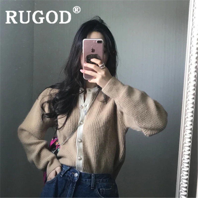 RUGOD осенний теплый свитер кардиган для женщин с круглым вырезом тонкий жемчужный вязаный свитер на пуговицах Модный женский элегантный милый свитер