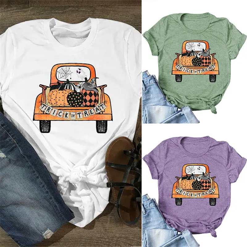 

Women Trick Or Treat Halloween Slogan Casual Graphics Crew Neck Funny Top Letters Trendy Tee Short Sleeve Hipster T-Shirt