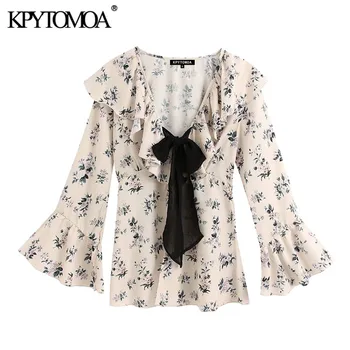 

KPYTOMOA Women 2020 Fashion Floral Print Ruffled Blouses Vintage Bow Tie V Neck Long Sleeve Female Shirts Blusas Chic Tops