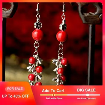 

cute femme ethnic drop earrings for women red stone ball zinc alloy flower dangle metal hook vintage fashion jewelry