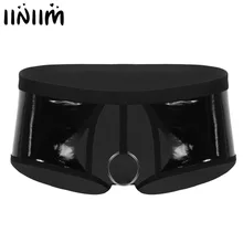 Мужское кожаное сексуальное нижнее белье с мокром эффектом, сексуальные эротические черные латексные трусики с отверстием для пениса, бикини, трусы для геев, нижнее белье
