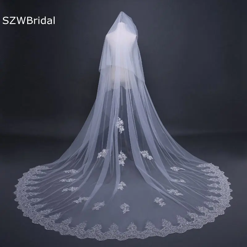 

White Ivory Cathedral Wedding Veil Two Layers Appliques Lace Bridal veils Voile Slub Velo novia Sexy Weeding accessoire