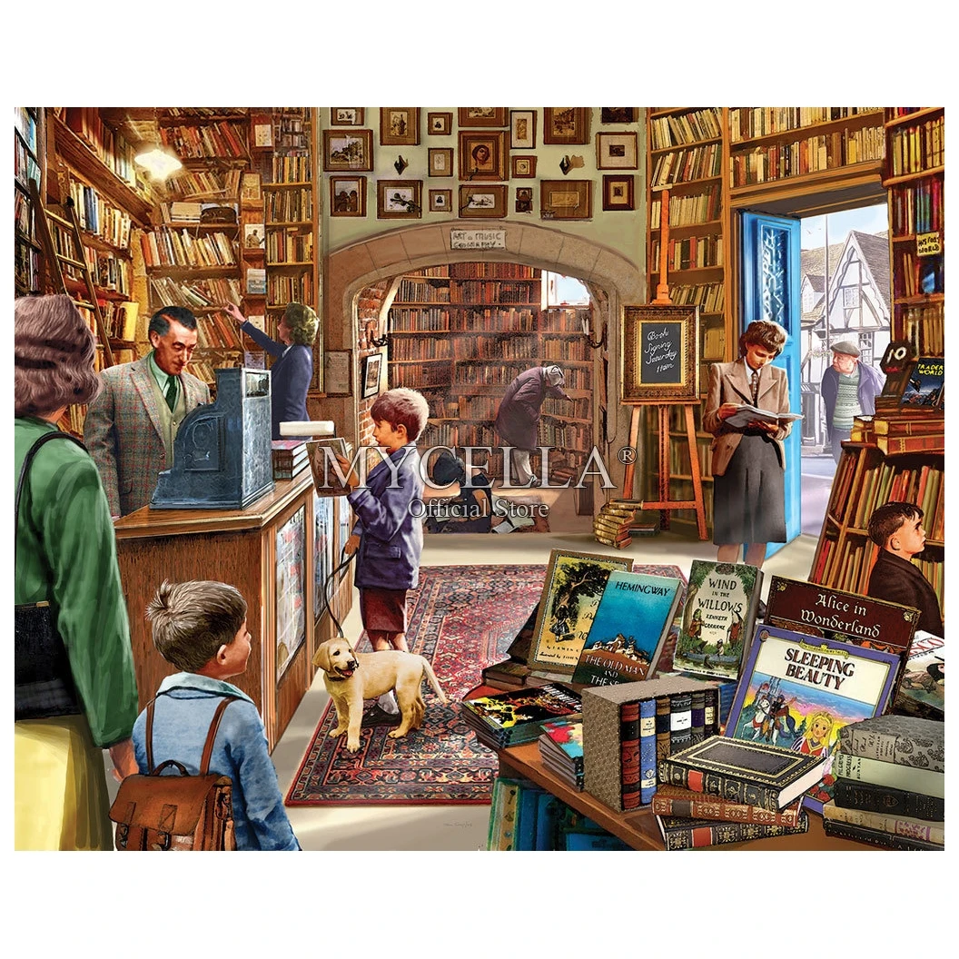 стеллажи для книг в библиотеку. книжный магазинчик. Ravensburger puzzle bookshop. комната с книжными полками арт. книжная лавка картина.