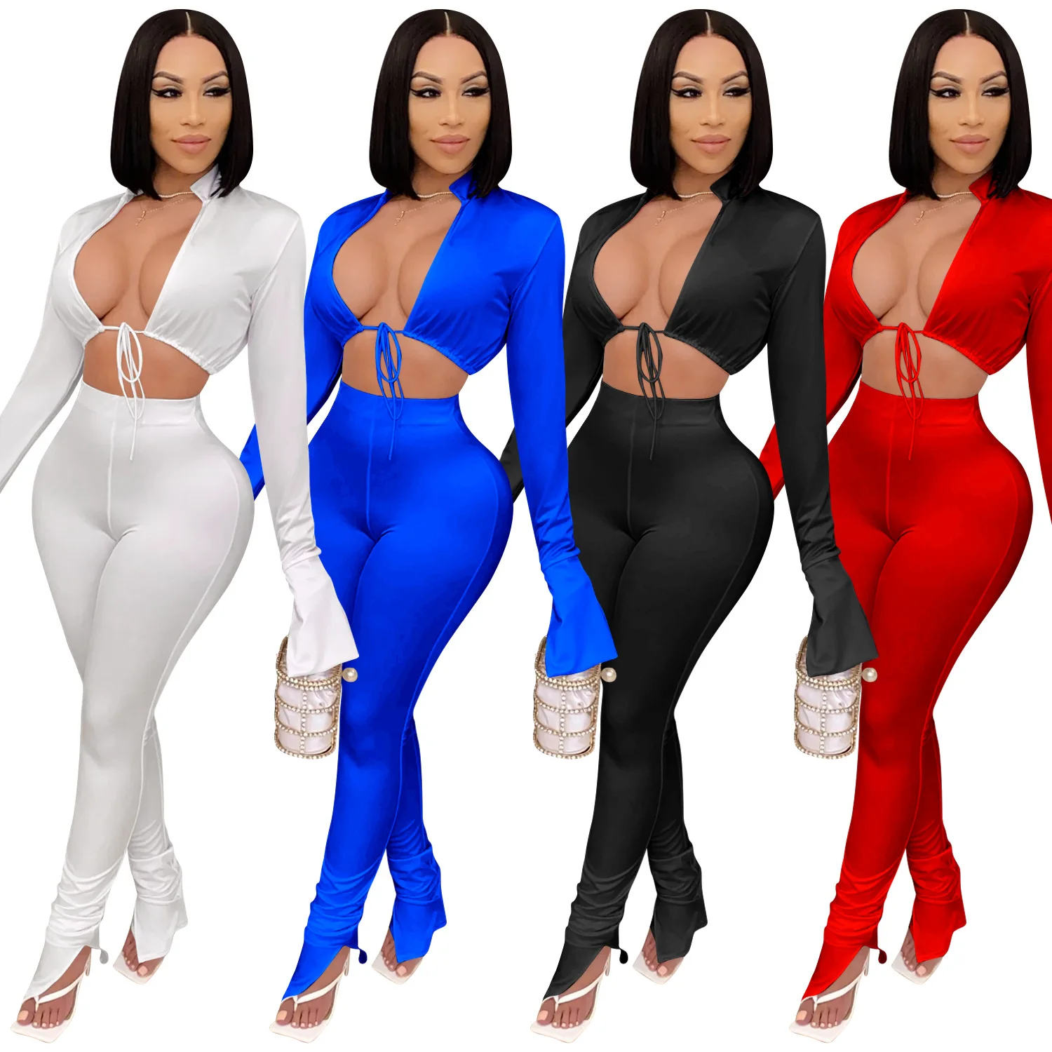 Zoctuo sólido Sexy conjuntos de dos piezas Otoño Invierno pétalo manga de mujeres conjuntos de camisetas cortas corto pantalones conjunto Club chándal