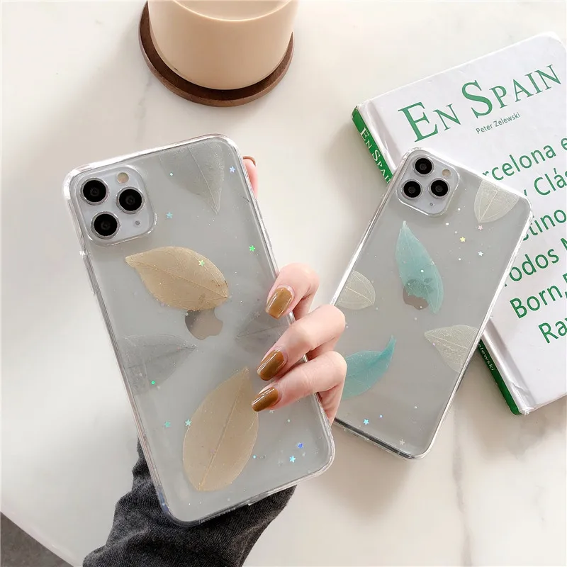 

Luxury Glitter Leaf Phone Case For iPhone 11 11Pro Max Transparent Soft Case For iPhone 8 7 Plus X XS Max XR Cover Funda