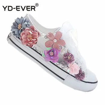 

Canvas Shoes flower gentle shoe tie Strap diamond Casual rhinestone student Big code casual flat shoes small white shoe girl