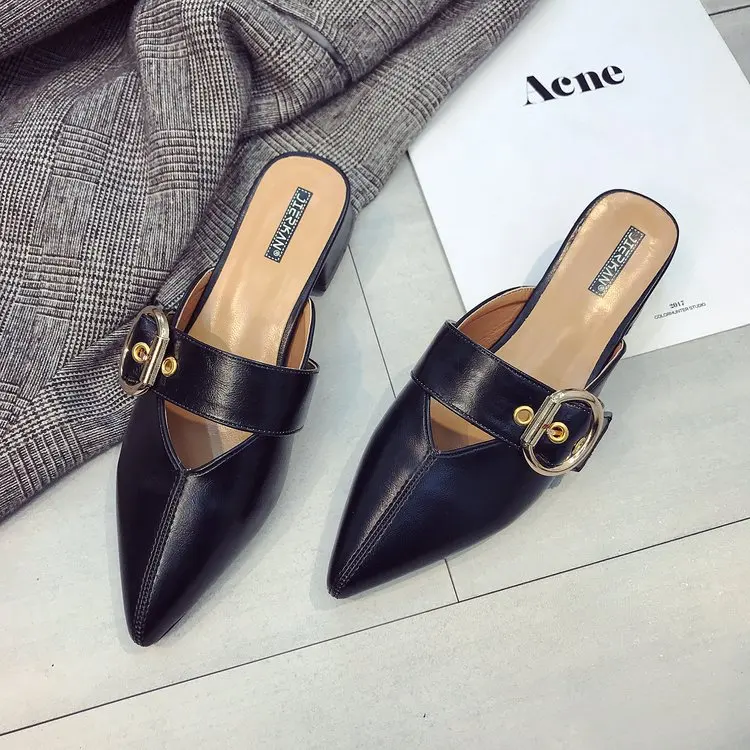 

Chunky-Heel Versatile Pointed-Toe Sandals 2018 Summer New Style Closed-toe Sandals Women's Belt Buckle Semi-high Heeled Semi-Sli