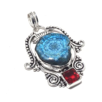 

Solar Quartz & Garnet Pendant Silver Overlay over Copper , Hand made Women Jewelry Gift