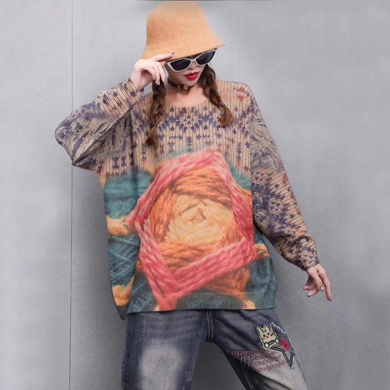 

Winter Sweater Vintage Printing Oversized Imitated Mink Wool Retro Female Warm All-match Loose Casual Streetwear Women Clothes