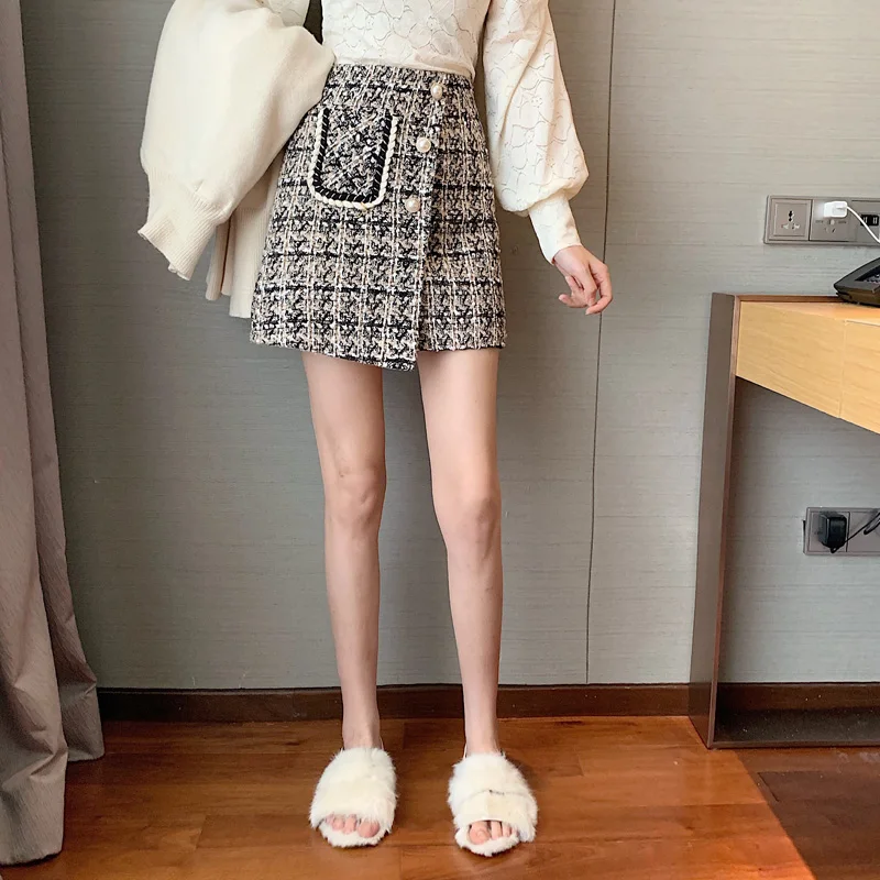 Новая мода подиум твид Мини Короткая юбка для женщин осень зима высокое качество небольшой ароматный ветер пуговицы нерегулярные клетчатые юбки