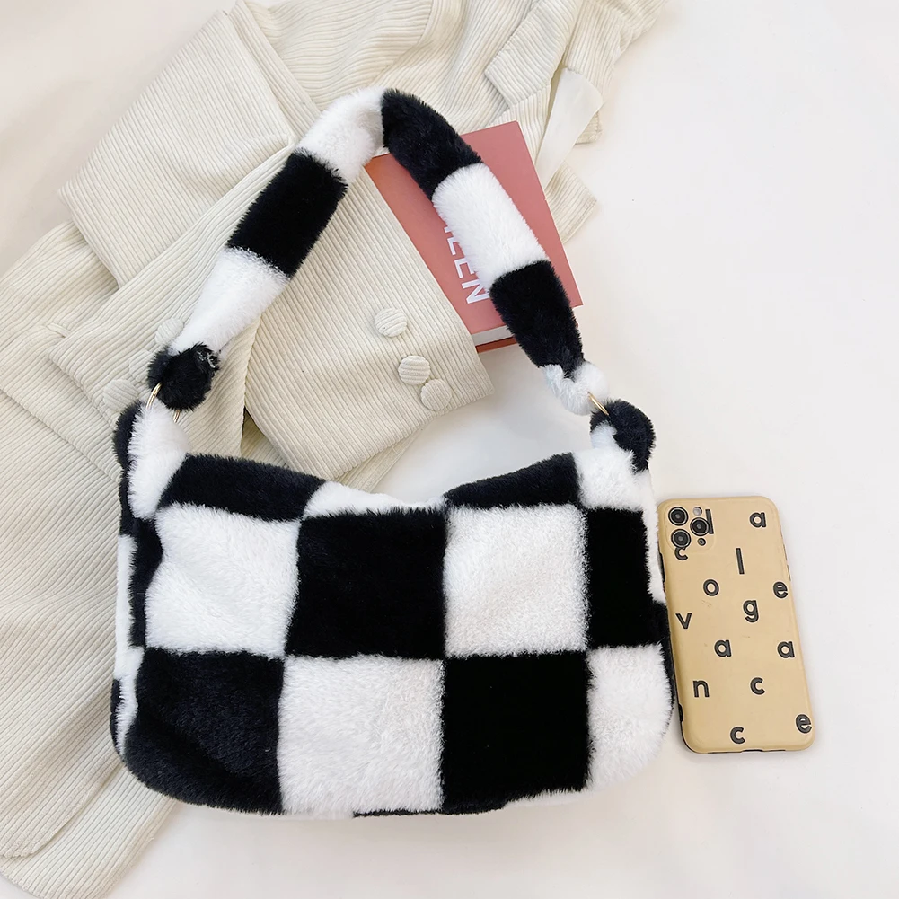 Fashion Checkered Print Shoulder Bag Autumn Winter 2022 INS Fashion Women Plush Bag Handbag Women Tote Bags Shopper bag bolsas