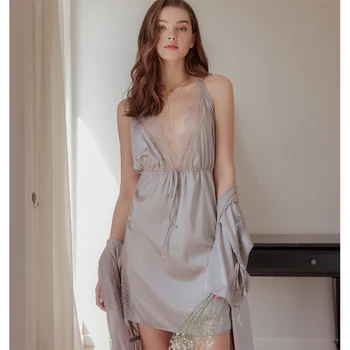 

Munllure Temperament sexy deep V satin silky passion set lace side slits temptation nightdress comfortable underwear