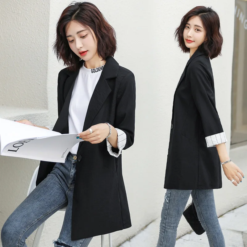 

2019 Autumn New Style Korean-style Simple Fashion Casual Cotton Linen Small Suit Coat Mid-length Slim Fit Elegant WOMEN'S Dress