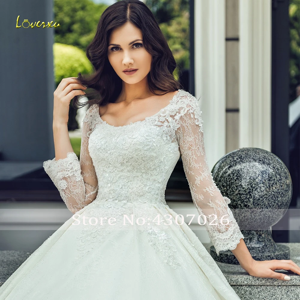 Элегантное loverxu бальное платье с глубоким вырезом, свадебные платья, джинсовая аппликация, длинный рукав, платье невесты, часовня, шлейф, кружевное свадебное платье размера плюс