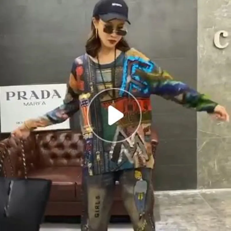 

Женский весенний костюм большого размера, модный темпераментный свободный комплект с нашивками и узором, женские джинсы с вышивкой + Повседневная вязаная футболка, костюм