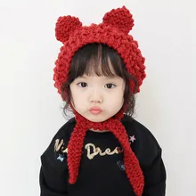 Осенне-зимние шерстяные наушники для девочек; детская вязаная Милая Шапка; Модная Удобная вязаная шапка; однотонные цветные наушники для малышей