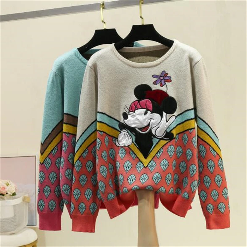 Disney Women Knitted Sweater Female Knitwear Mickey Minnie Mouse Streetwear Tops Loose Winter Autumn Casual Long Sleeve Pullover | Женская