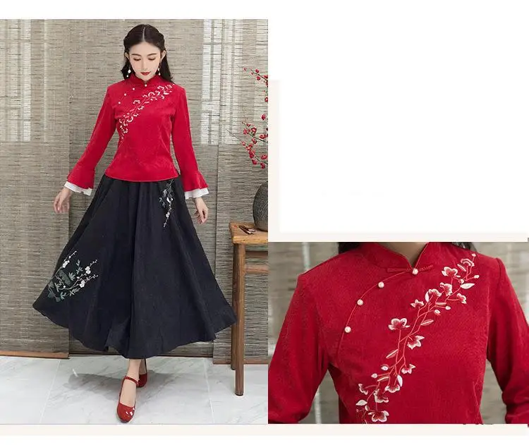 Sheng Coco блузки Hanfu Китайский стиль Cheongsam топы с длинными рукавами в виде листьев лотоса костюм Тан женский хлопок вышивка Qipao рубашка