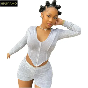 

HPUYIAMO Women Sport Solid Hooded Irregular Crop Tops Shorts Jogger Suit Two Piece Set Fashion Tracksuit Matching Set Outfits