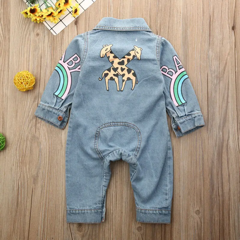 Весенне-осенняя одежда для малышей, комбинезон из джинсовой ткани с жирафом для маленьких мальчиков, зимняя одежда с радугой, одежда с длинными рукавами