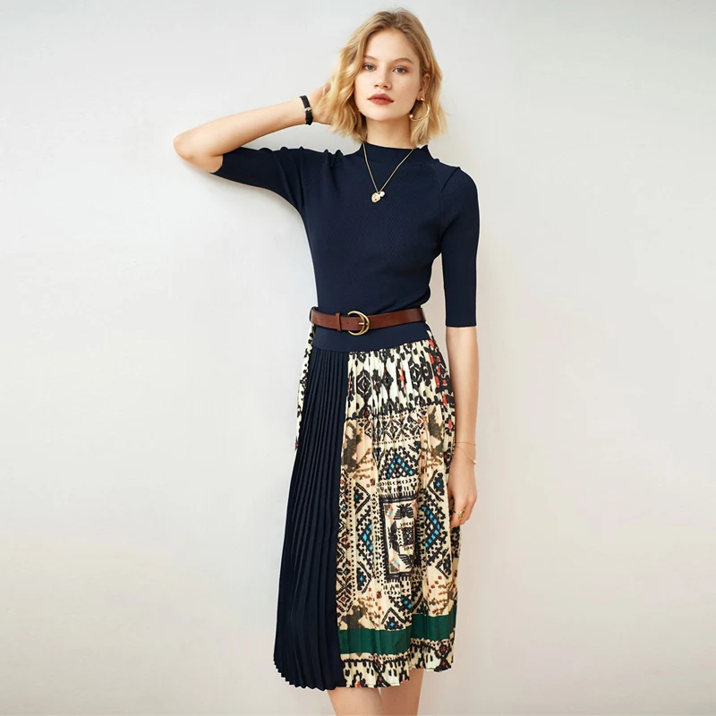 

Pleated Dress Women Vintage Design Elegant Belt O Neck Mid-sleeved Slim Mid-length Elegant Party Summer Dresses New Fashion