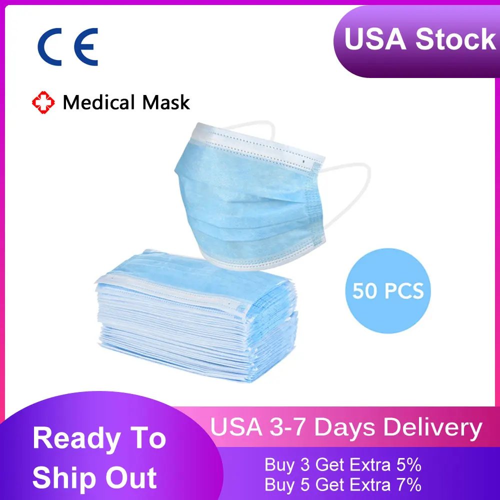 

USA Stock 50pcs Non-woven 3 Layer Filter Disposable Medical Mask Safe Breathable Dustproof Protective Earloop Face Mask