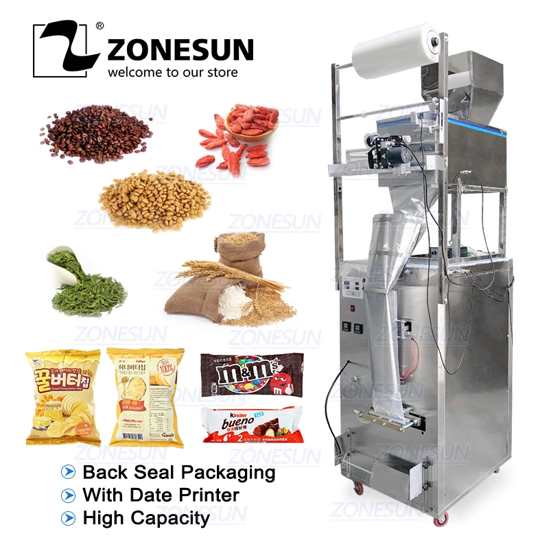 

ZONESUN 100-1000g Large Capacity Automatic Filling Sealing Machine Food Coffee Bean Grain Power Bag Back Seal Packaging Machine