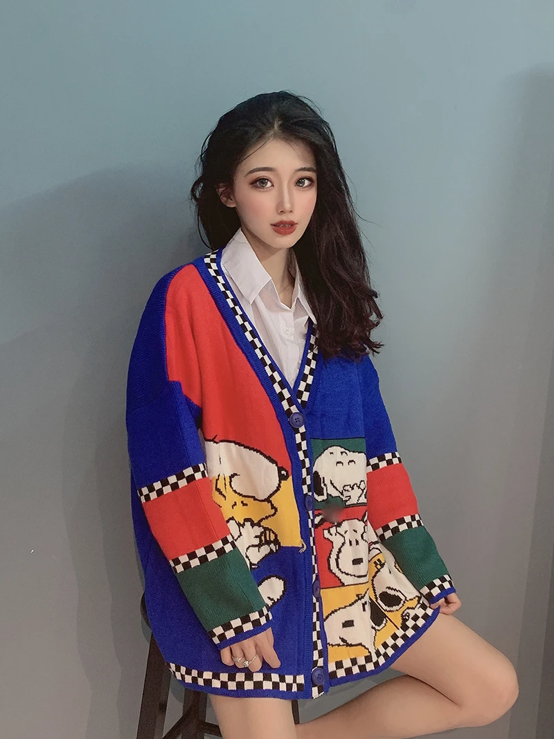 Осень-зима, корейский дизайнерский свитер Snoopy, женский свитер с мультипликационным принтом Kawaii, Женский вязаный кардиган, женский большой размер