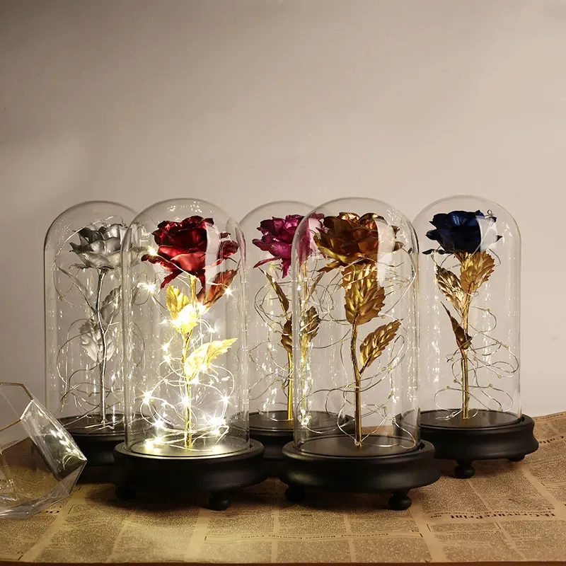 

Eternal Flower Rose Flower 24K Gold Glass Cover Luminous LED Immortality Gold Foil Rose Wedding Decoration Flowers