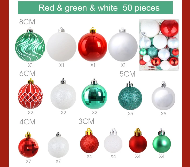 50 шт./лот, Рождественские шары смешанного размера 3 см/5 см/6 см/8 см, подвесные шары, рождественские безделушки, украшения для дома, рождественский подарок
