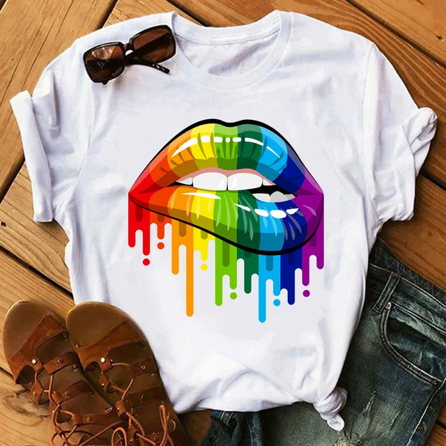 Women Tops O-neck Sexy Black Tees Kiss Lip Funny Summer Female Soft T Shirt Lips Watercolor Graphic T Shirt Top9180 0018-white